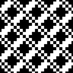 Crosses, checks ornament. Seamless pattern. Folk wallpaper. Cross shapes, squares backdrop. Embroidery background. Tribal motif. Ethnic mosaic. Digital paper, textile print, abstract. Vector artwork.