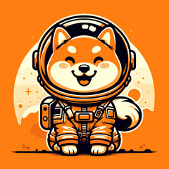 Adorable Shiba Inu wearing astronaut outfit on orange background