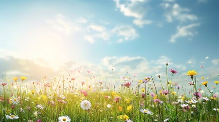 Meadow with white and pink spring daisy flowers and yellow dandelions under sunny blue sky