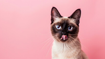 seal point siamese cat looking at camera hungry licking lips portrait on pink background with copy space : Generative AI - Powered by Adobe