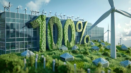  a large word of "100%" as 3D building. Energy wind miller. mix around of it Renewable energy