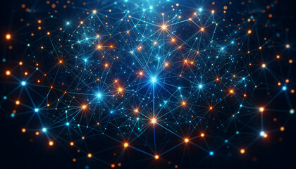 A background depicting a network of connected points and lines on a dark blue background, resembling a digital network or constellation