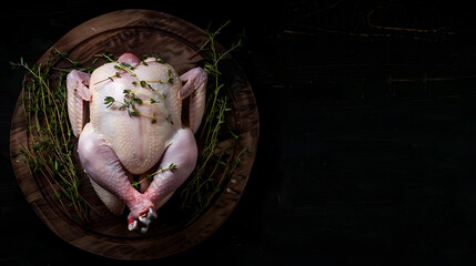 Uncooked raw whole chicken on wooden board with thyme and rosemary Black background Top view Copy space : Generative AI