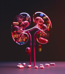 Kidneys disease, pills, medication addiction, medical concept illustration