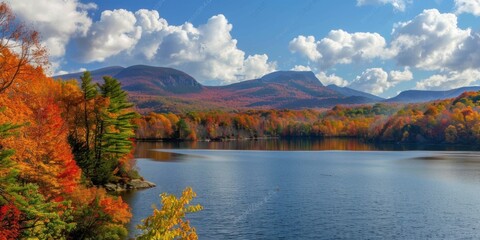 Naklejka premium A fall foliage tour with scenic views and a blank area for tour details. 
