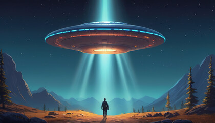 World UFO Day. Ufologist's Day. Unidentified flying object. UFOs on earth. picture - obrazy, fototapety, plakaty