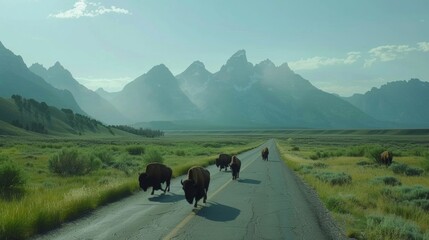 A breathtaking sight of a group of bison slowly strolling across a sunkissed road framed by towering mountains in the distance. . AI generation.