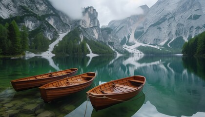 Obraz premium Three wooden boat docked in a lake near mountains, in the style of italian landscapes,