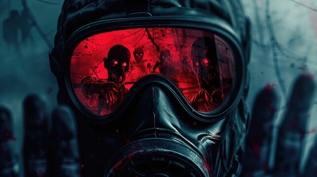 angled close up photo of red lens in a black gas mask of an armed service man on the lens there is a reflection of zombie palms hands and zombies 