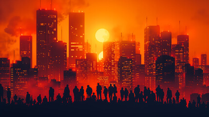 abstract silhouettes of a crowd of people with the skyline of a big city in the background