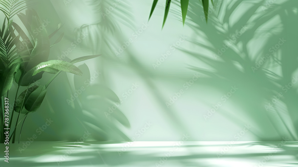 Poster Abstract gradient green studio background for product presentation Empty room with shadows of window and flowers and palm leaves  3d room with copy space Summer concert Blurred backdro : Generative AI