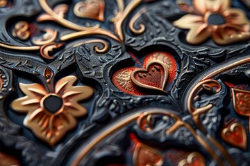 Elegant Heart and Flower Carvings on Leather, Detailed View
