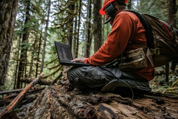 Conservation Expert Examining Data on Computer in Woods - obrazy, fototapety, plakaty