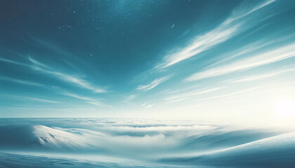 A background image that encapsulates the crisp, serene atmosphere of a winter sky. The sky is a pale, icy blue