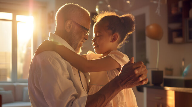 Biracial grandfather dances with biracial granddaughter at home with copy space they share a joyful moment in a modern living space : Generative AI - Powered by Adobe