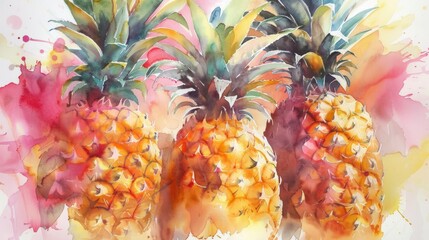 Watercolor painting of pineapple fruit on abstract watercolor background.