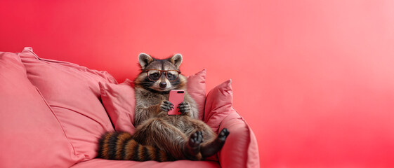 an anthropomorphic racoon lies on a sofa while using a cell phone, copy space - obrazy, fototapety, plakaty