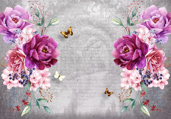 3d Wallpaper Stone Background With Beautiful Flower
