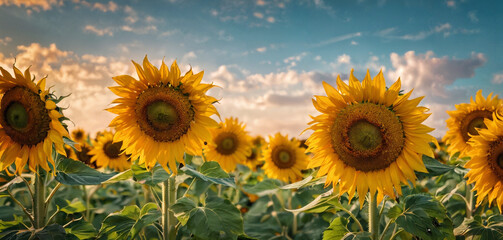 Sunflower field during sunset - obrazy, fototapety, plakaty