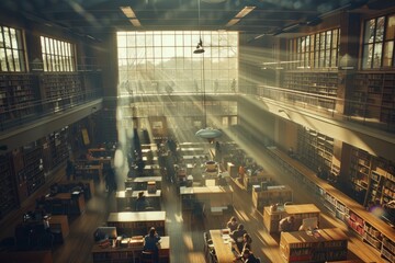 Sunlight Bathing an Active Public Library Interior, Wide Shot
