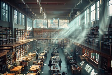 Bright and Busy Library Scene Captured in Daylight, Wide View