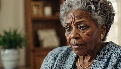 An older black woman mournfully and worriedly think about life. - obrazy, fototapety, plakaty
