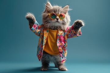 A photo of an anthropomorphic cat wearing colorful and sunglasses, with one paw raised in the air, set against a blue background. Created with Ai - obrazy, fototapety, plakaty