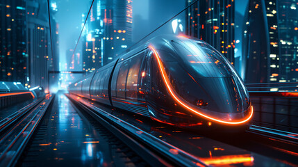Fototapeta premium Image of transportation innovation design and eco-friendly features of electric vehicle or high-speed trains against background of futuristic cityscapes.