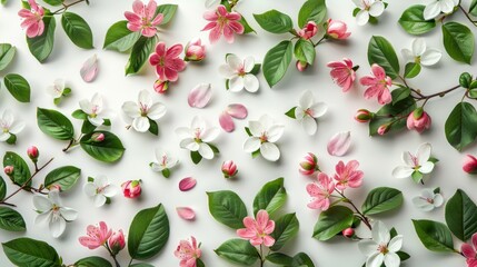 Lovely spring flowers and leaves on white background, 