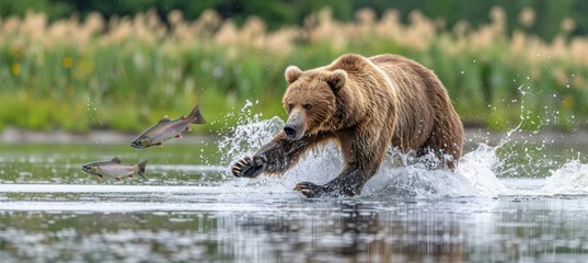 Bear catching salmon mid air and feeding on a fresh salmon in a spectacular display