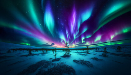 A breathtaking landscape under the Northern Lights, displaying a vivid and colorful display of aurora borealis across the sky - obrazy, fototapety, plakaty