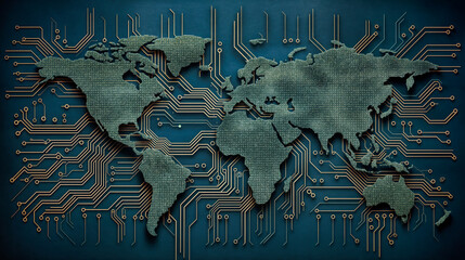 the world map as a circuit board, the countries are connected via conductor tracks