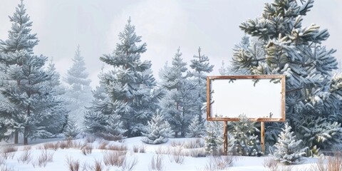 A snowy landscape with evergreen trees and a blank sign for adding winter messages.