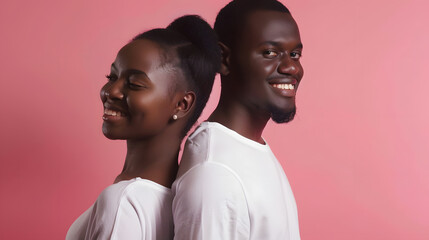 Obraz premium Positive smiling african couple in casual wear looking away at copy space isolated over pink studio background : Generative AI