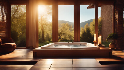 Modern jacuzzi with a view at the window. Beautiful sunset paradise. - obrazy, fototapety, plakaty
