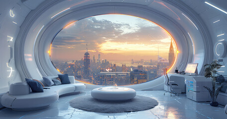 Futuristic space station interior, large window with view of new york city skyline. Created with Ai - obrazy, fototapety, plakaty