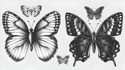 Fototapeta premium Set black-white butterflies of a tattoo, generative Ai