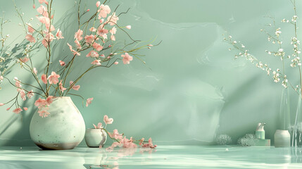 Peacefulness envelops the scene as delicate waves of mint green and pastel pink softly sway in the calm atmosphere.