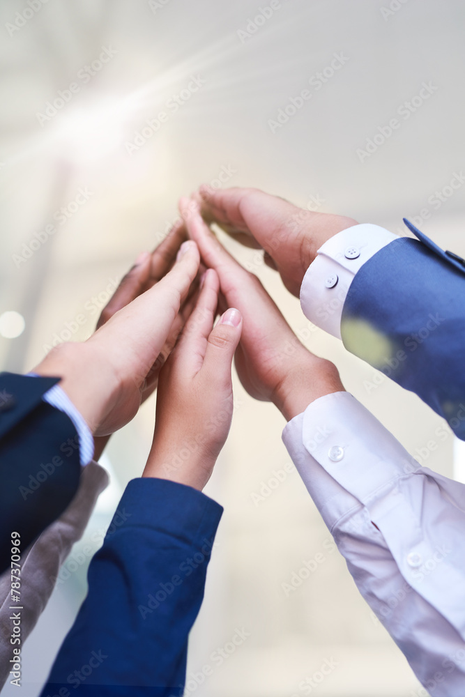 Poster hands, high five and success with business people in office from below for support, teamwork or unit