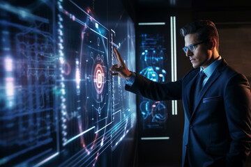 A businessman is looking and pointing at a display of technical graphics, engineering