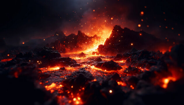 A dramatic background image depicting a volcanic landscape with glowing lava, molten surface of lava