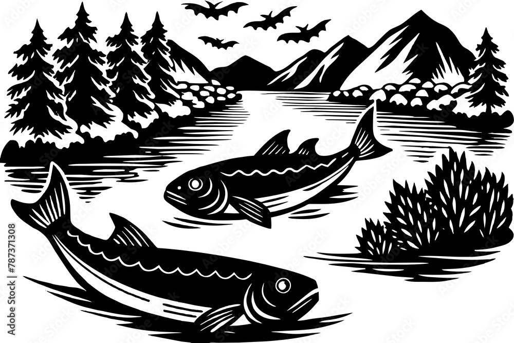 Wall mural the-river-with-fish-and-boat vector illustration