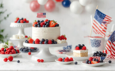 Cake. A patriotic berry cake with American flag for celebration of USA Independence Day, 4th of July, generative AI