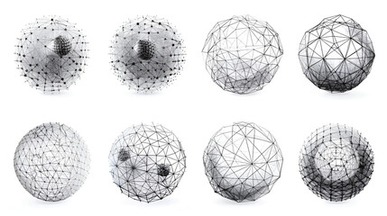 Set of abstract spheres from points and lines on a white background, generative Ai - obrazy, fototapety, plakaty