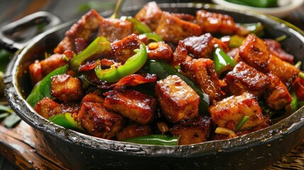 Delight in Tasty Dish of Fried Green Pepper with Tofu and Bacon