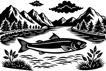 the-river-with-fish-and-boat  vector illustration