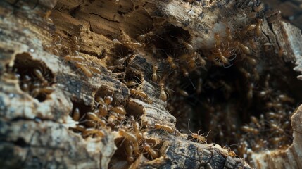 Fototapeta na wymiar A fascinating look at a colony of termite larvae working together to construct a network of tunnels and chambers within a piece of