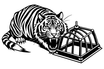  the-tiger-is-caught-in-the-trap-of-the-hunter    vector illustration