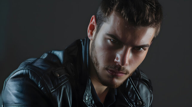 Portrait of a handsome young man with manly face Male beauty Fashionable brunet guy in black leather jacket looking at the camera A lot of copy space : Generative AI