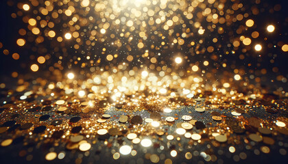 A festive and glamorous background with a scatter of golden glitter and sequins
